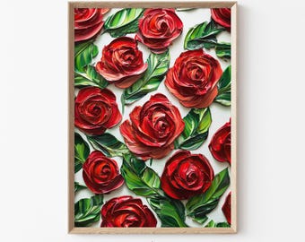 Red Rose Printable Wall Art, Textured Floral Painting with 3D Brush Strokes, Romantic Botanical Decor, Valentines or Mothers Day Art | E15