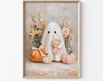 Imprimible de arte fantasmal de Halloween con calabazas y flores pastel. Pintura fantasmal espeluznante para decoración preppy. Descarga otoñal caprichosa / C103