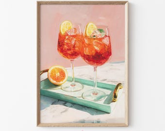 Aperol Spritz Art Print Modern Kitchen, Summer Drink Print, Bar Cart Wall Decor, Pastel Summer Kitchen Print, Trendy Aperol Download | H41