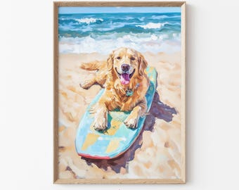 Golden Retriever Beach Prints, Dog with Surfboard Wall Art, Dog Lover Gift for Coastal Decor, Cute Pet Painting, Fun Beach Download | K24