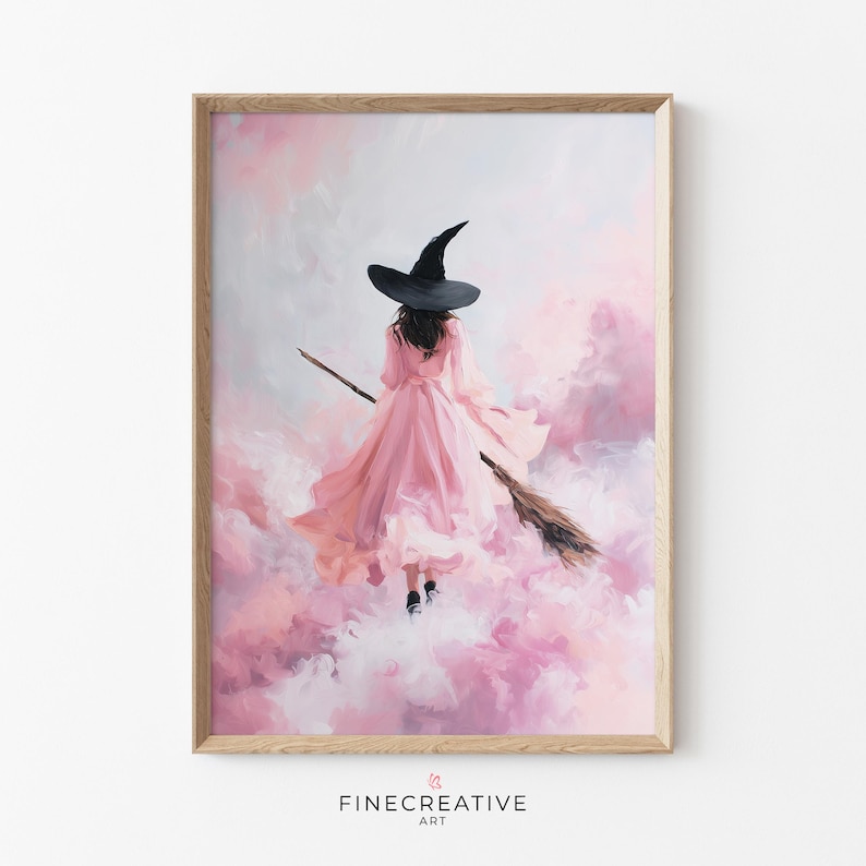 Pink Halloween art printable showing a whimsical witch from behind, holding her broom as she walks through dreamy pink smoke and pastel clouds. This feminine witch wall art blends soft pastel tones with painterly, artistic textures for an elegant and magical look. Designed as elegant fall wall decor, it works beautifully in a girls room, living room, or as a thoughtful gift for witches and Halloween lovers who prefer whimsical seasonal artwork that feels stylish and enchanting.