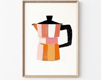 May include: A framed art print featuring a colorful illustration of a stovetop espresso maker. The artwork uses a palette of orange, pink, white, and black. The print is signed "FINECREATIVE ART" at the bottom.