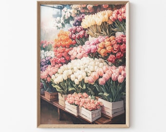 Flower Market Printable Wall Art, Pastel Spring Bouquet Painting, Vintage Cottagecore Decor, Floral Wall Art, Digital Download Print | G53
