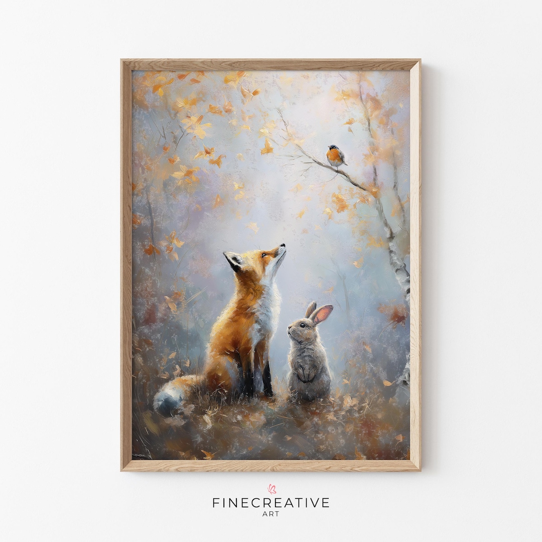 Fox Rabbit Art Fox and Rabbit Woodland Animal Art, Vintage Fall Print With Autumn ...