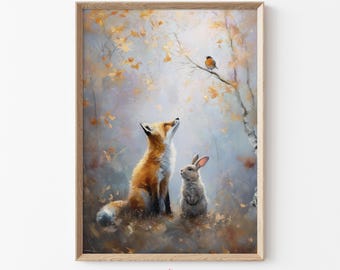 Fox and Rabbit Woodland Animal Art, Vintage Fall Print with Autumn Leaves, Rustic Nature Wall Art, Cottagecore Forest Wildlife Decor | C36