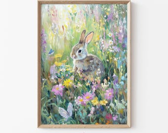 Art mural lapin de Pâques imprimable, peinture lapin printanier, décoration pastel prairie de fleurs sauvages, téléchargement pour chambre d'enfant Cottagecore, art mural nature | G09