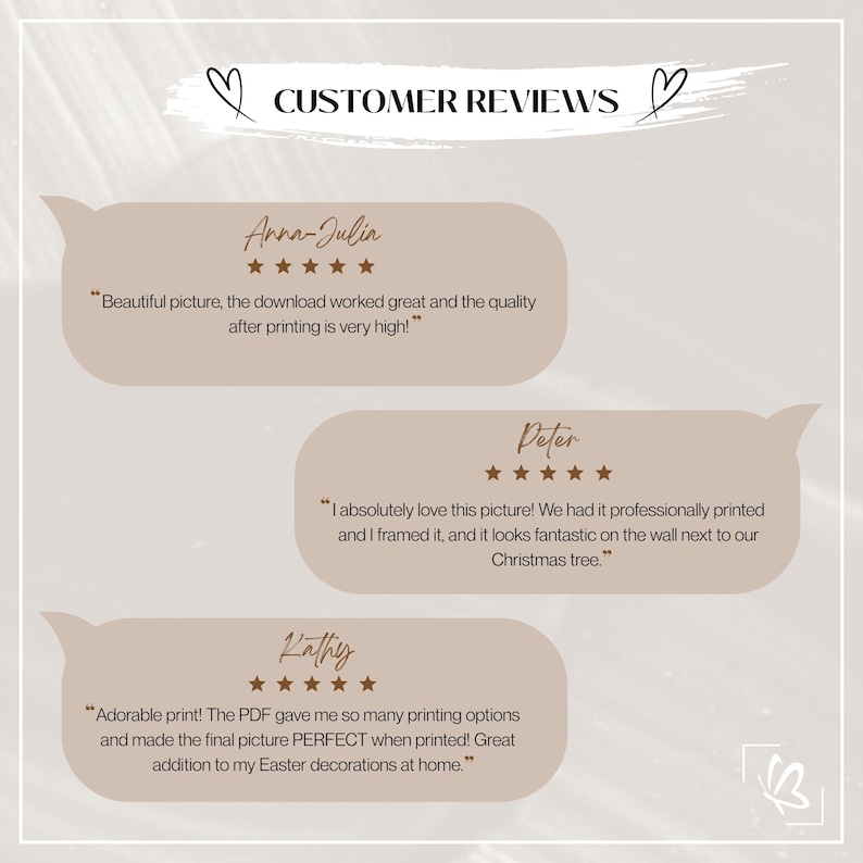 May include: A digital print featuring customer reviews in speech bubbles. The text includes positive feedback about the print quality and the ease of printing. The design has a neutral color palette with hearts.