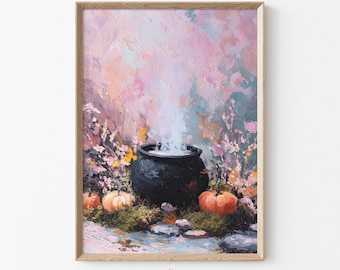 Halloween Art Print Witch Cauldron Wall Art with Pumpkins & Pastel Florals, Whimsical Fall Wall Art for Witchy Home, Downloadable Art | C99