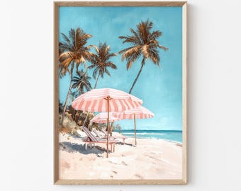Beach Umbrella Printable Art & Palm Trees, Preppy Prints, Retro Summer Pastel Decor, Trendy Coastal Wall Art, Pink Vacation Download | K83