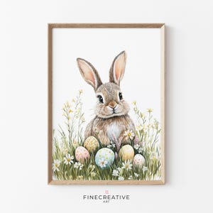 Art mural lapin de Pâques, lapin mignon avec oeufs de Pâques, décoration printanière pour chambre d&#39;enfant, impression de Pâques Cottagecore, téléchargement immédiat | G21