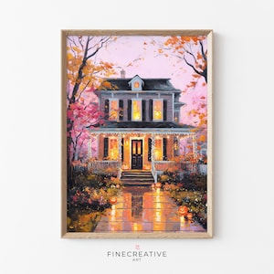Pink Haunted House Halloween Printable, Spooky Cute Art Download for Girly Fall Decor, Pastel Autumn Wall Art and Seasonal Printable | C34
