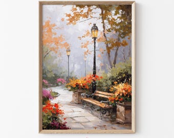 Autumn Park Bench Print, Vintage Fall Wall Decor, Romantic Nature Scene, Moody Seasonal Downloadable Print, Cottagecore Nature Art | C31