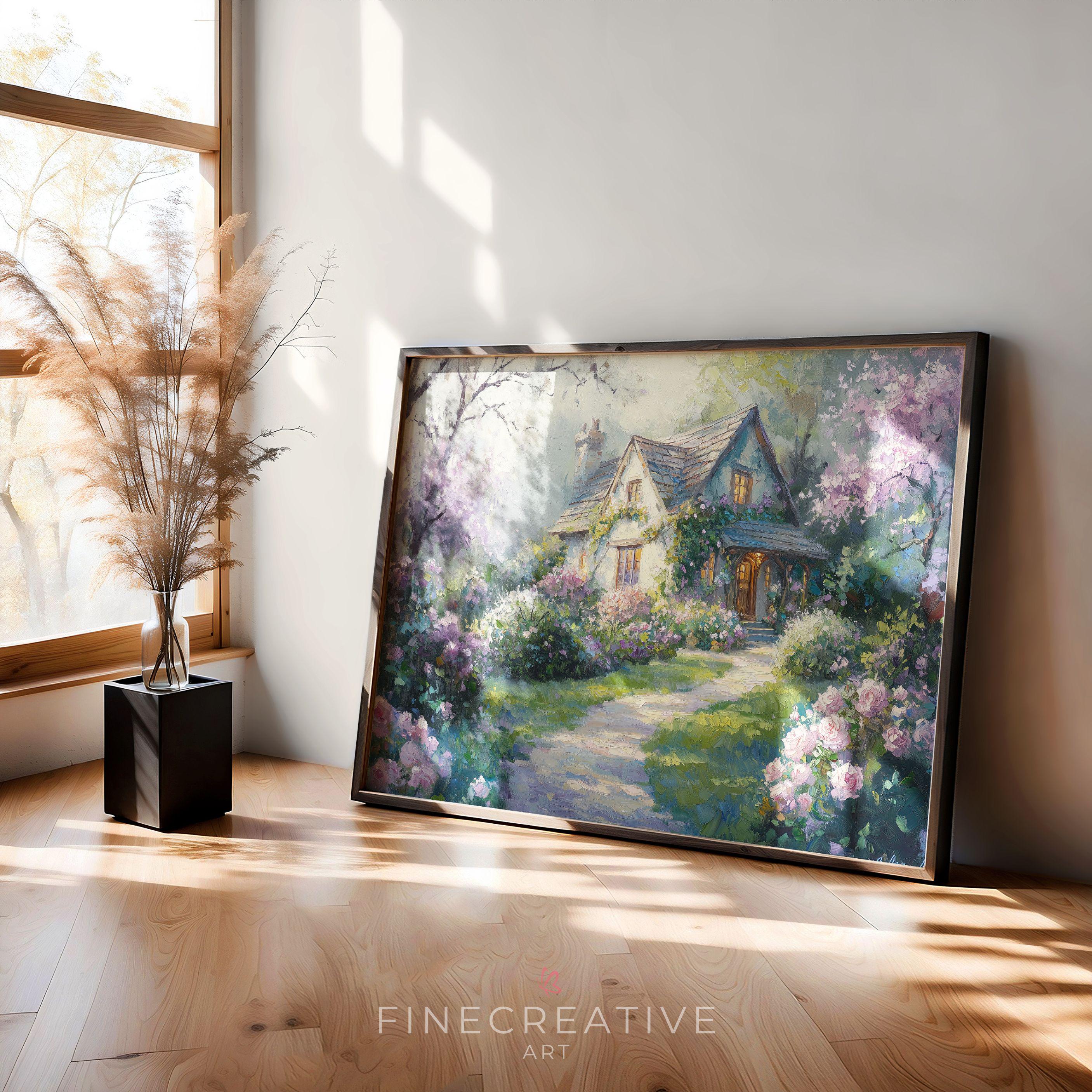 Printable Cottage Garden Wall Art, Romantic Pink Roses Landscape Print ...