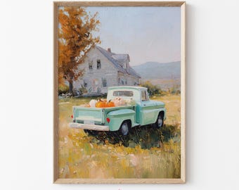 Puede incluir: Pintura al óleo de una camioneta turquesa vintage llena de calabazas en un campo. Una casa de campo blanca se encuentra en el fondo, con un árbol con colores otoñales. La obra está enmarcada y firmada "FINECREATIVE ART".