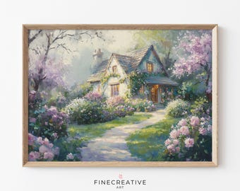 Printable Cottage Garden Wall Art, Romantic Pink Roses Landscape Print, Vintage Floral Spring Decor, Cottagecore Country Download | G68