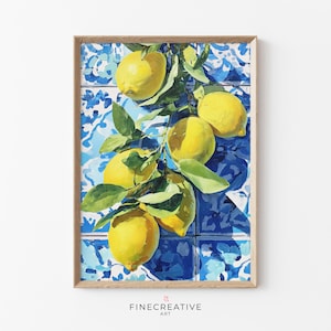 Zitrone Druck Moderne Küche Zitrus Kunst, Obst Ästhetik Blaue Fliesen bedruckbar, Mediterrane Dekoration Botanische Poster, Esszimmer Download | H26