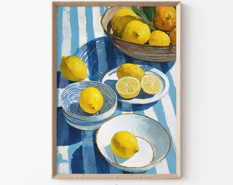 Lemon Wall Art Modern Kitchen Print, Fruit Aesthetic Farmhouse Decor, Blue & Yellow Mediterranean Dining Room, Summer Citrus Download | H38
