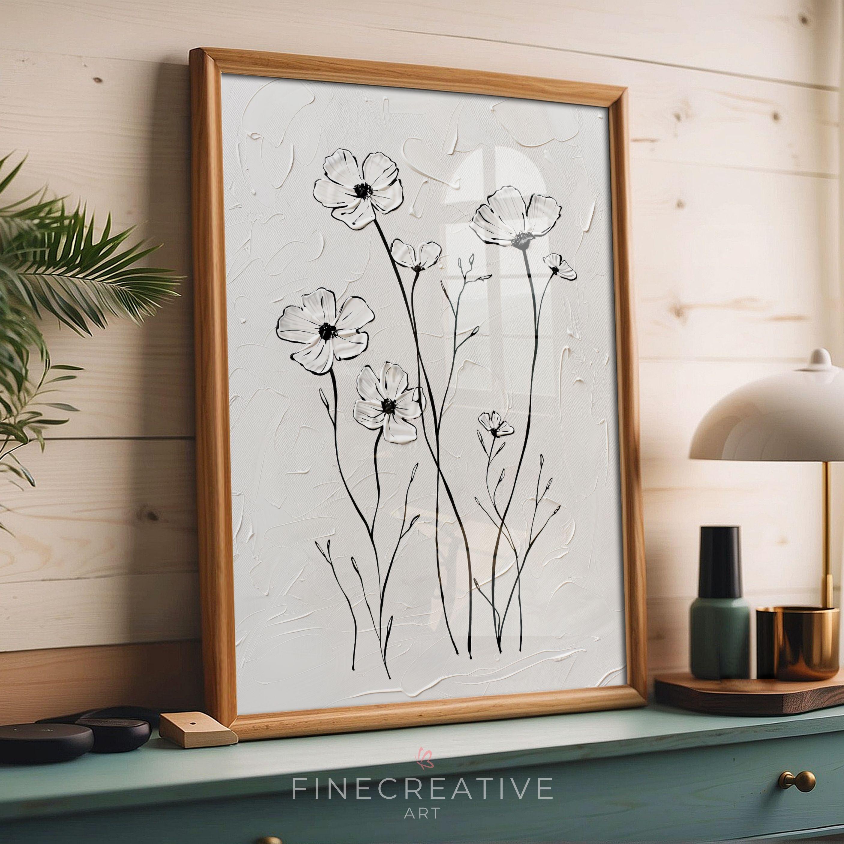 Black and White Floral Line Art Print, Minimalist Textured Flower ...