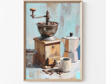 Coffee Grinder Art Vintage Kitchen Print, Moka Pot Wall Art for Dining Rooms & Coffee Lovers, Pastel Kitchen Decor, Rustic Download | H48