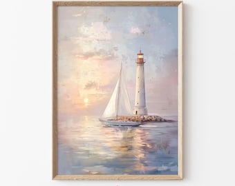 Coastal Wall Art Printable with Lighthouse and Sailboat, Nautical Ocean Sunset Painting, Pastel Seascape Decor, Downloadable Beach Art | K40