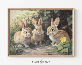 Easter Bunny Printable Wall Art, Spring Rabbit Painting, Cottagecore Bunny Decor, Vintage Easter Digital Download, Pastel Animal Print | G57