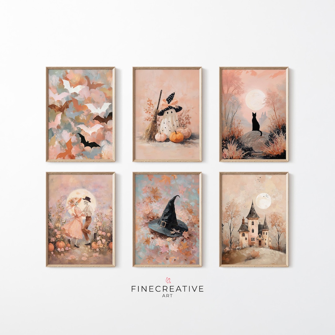 Halloween Wall Art Set of 6 Prints, Spooky Fall Gallery, Cute Halloween ...