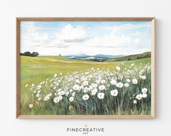 White Wildflower Field Printable Art, Spring Countryside Landscape Painting, Cottagecore Nature Wall Decor, Digital Download Print | G45