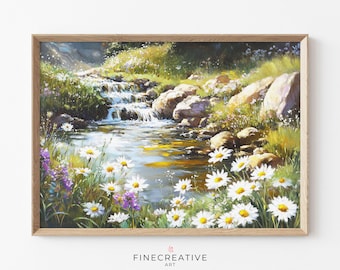 May include: A painting of a stream flowing through a lush green meadow with white daisies and rocks. The stream has a small waterfall and the water is clear and blue. The meadow is filled with green grass and wildflowers.