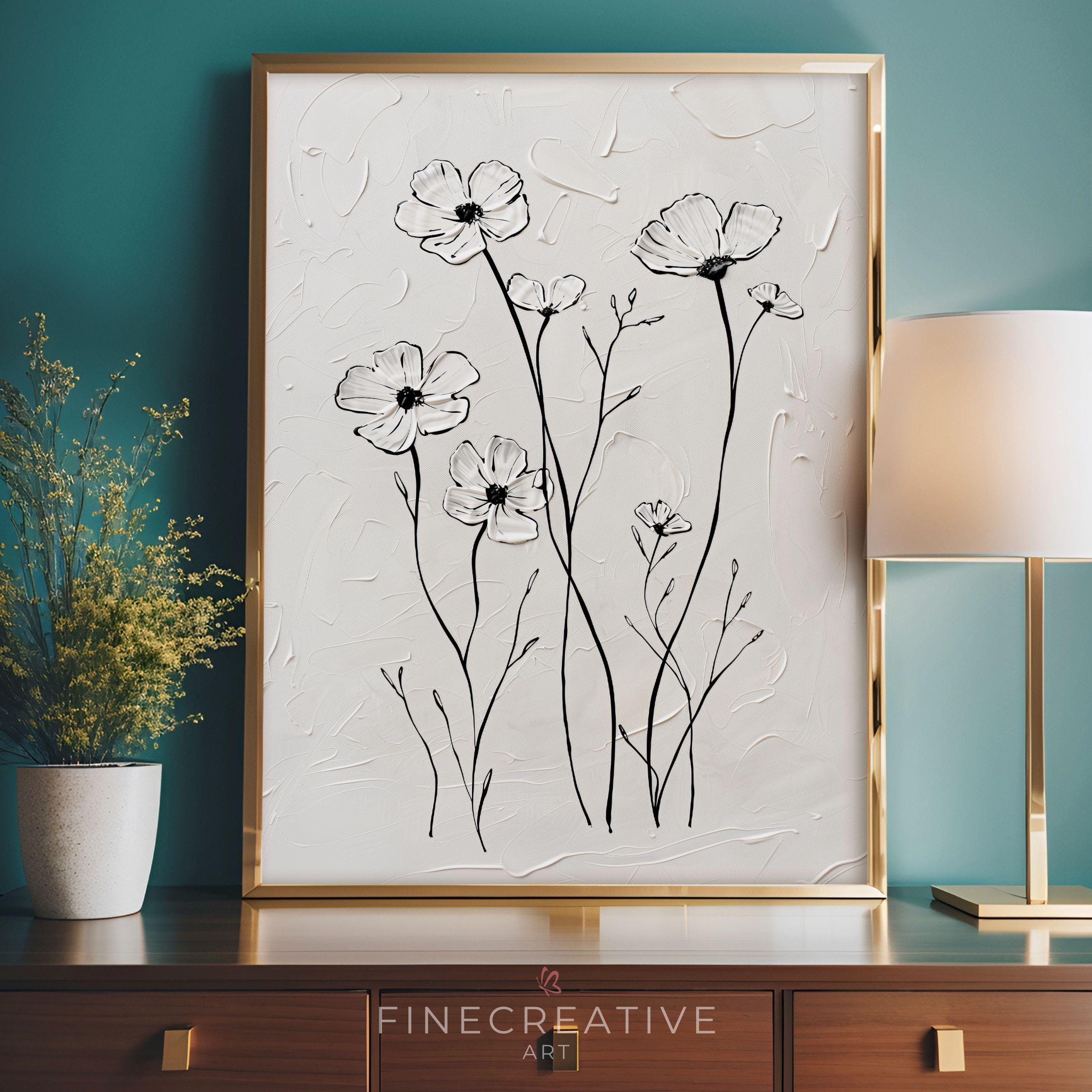 Black and White Floral Line Art Print, Minimalist Textured Flower ...