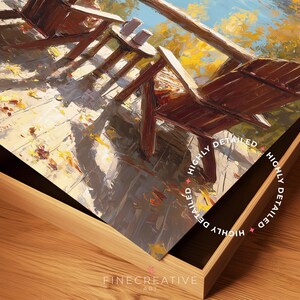 May include: A framed art print depicting a relaxing outdoor scene. Two wooden Adirondack chairs are positioned on a wooden deck, with a small table between them. The artwork features warm colors, with autumn leaves and a blue sky visible.