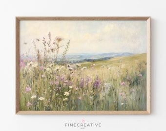 Afdrukbare veldkunst wilde bloemen, lenteweide bloemenlandschap print, vintage landelijke natuur muur decor, rustiek platteland download | G69