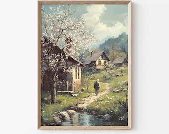 Vintage Cottage Printable Wall Art, Spring Landscape Painting with Blooming Trees, Rustic Farmhouse Wall Decor, Digital Download Art | G50