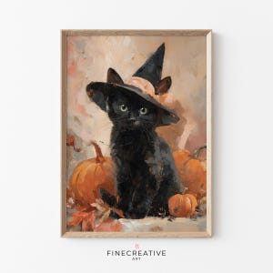 May include: A framed painting of a black cat wearing a witch hat, surrounded by orange pumpkins and autumn leaves. The cat has green eyes and a fluffy coat. The artwork has a warm, autumnal color palette and a whimsical theme. The text "FINECREATIVE ART" is at the bottom.