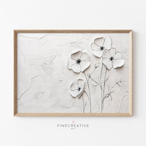 Minimalistiskt svartvitt blomtryck, texturerad blomväggkonst, modern botanisk linjekonst, 3D Impasto-målning, omedelbar nedladdning | E07