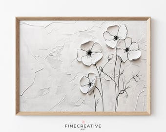Minimalist Black and White Flower Print, Textured Floral Wall Art, Modern Botanical Line Art, 3D Impasto Painting, Instant Download | E07