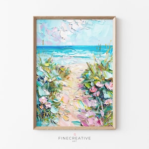 Beach Path Wall Art Printable, Pastel Coastal Landscape with Flowers, Tropical Summer Decor, Textured Seaside Painting, Download Art | K39