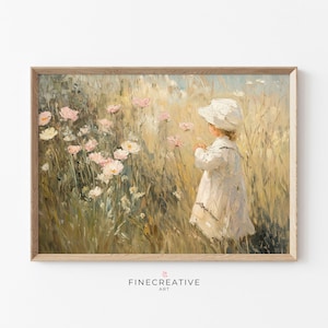 Vintage Girl Printable Wall Art, Spring Wildflower Meadow Painting, Pastel Countryside Decor, Rustic Digital Download, Nursery Artwork | G61