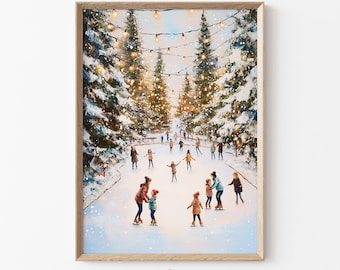 Printable Ice Skating Wall Art, Winter Wonderland Painting, Holiday Decor Digital Download | D28