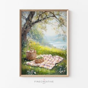 Picnic Landscape Printable, Spring Pastel Art Print, Cottagecore Picnic Spot Painting, Romantic Outdoor Wall Decor, Digital Download | G13
