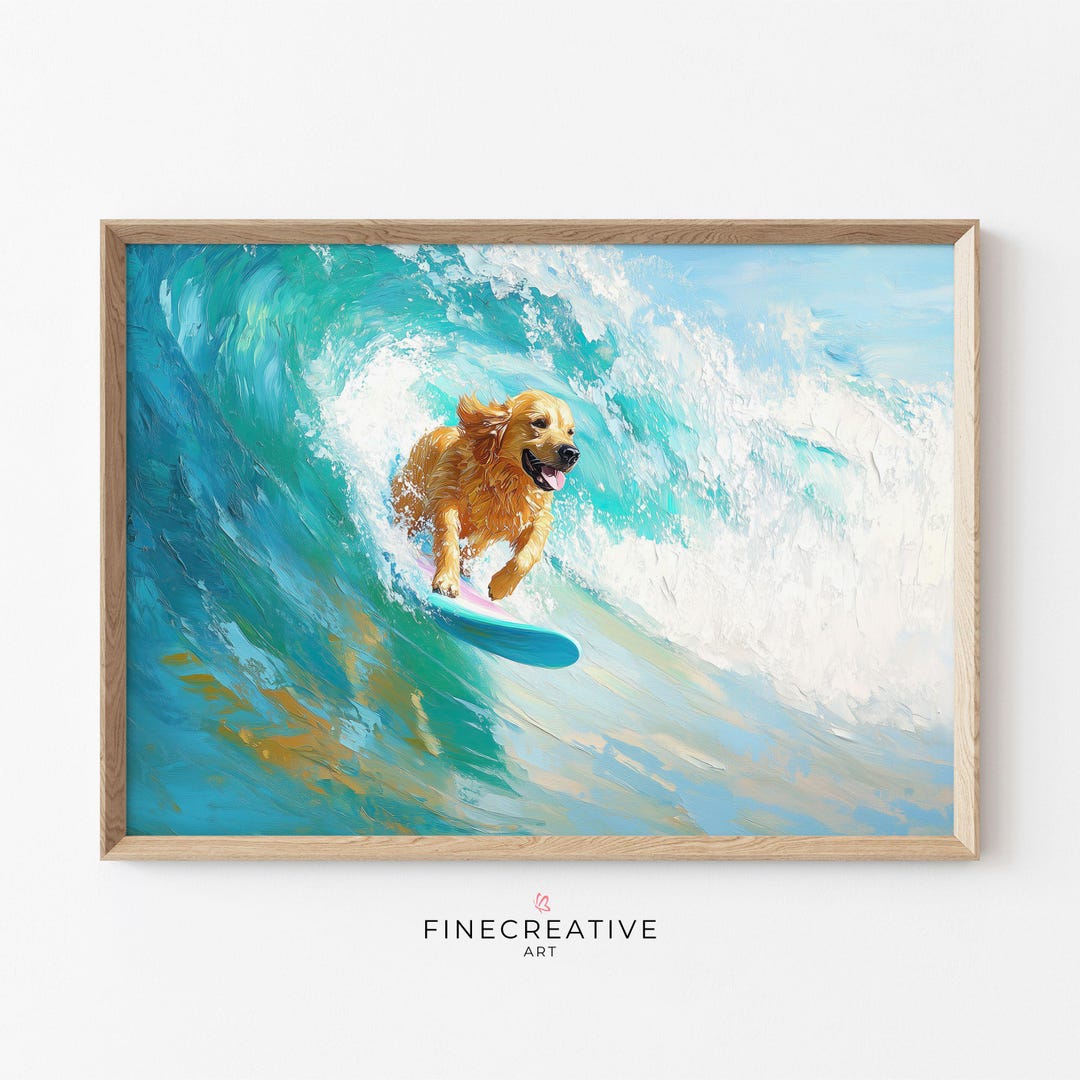 サーフィンをする犬のプリント、ゴールデンレトリバーのサーフアート