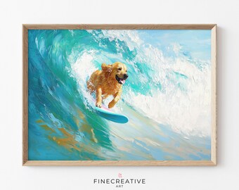 Surfing Dog Print, Golden Retriever Surf Art, Funny Summer Coastal Print, Pastel Ocean Wave Decor,  Downloadable Beach House Wall Art | K33