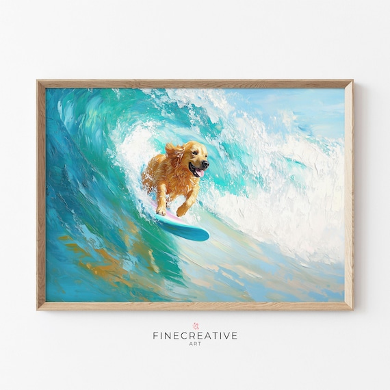 サーフィンをする犬のプリント、ゴールデンレトリバーのサーフアート