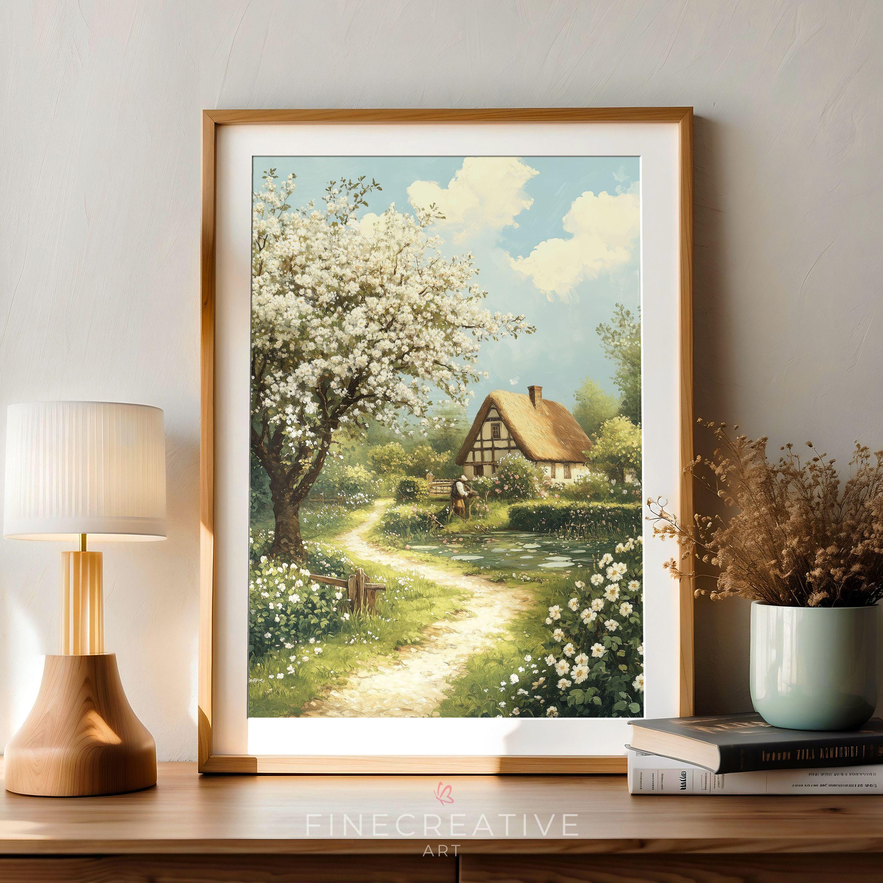 Vintage Spring Cottage Art Print, Printable Farmhouse Landscape Wall ...