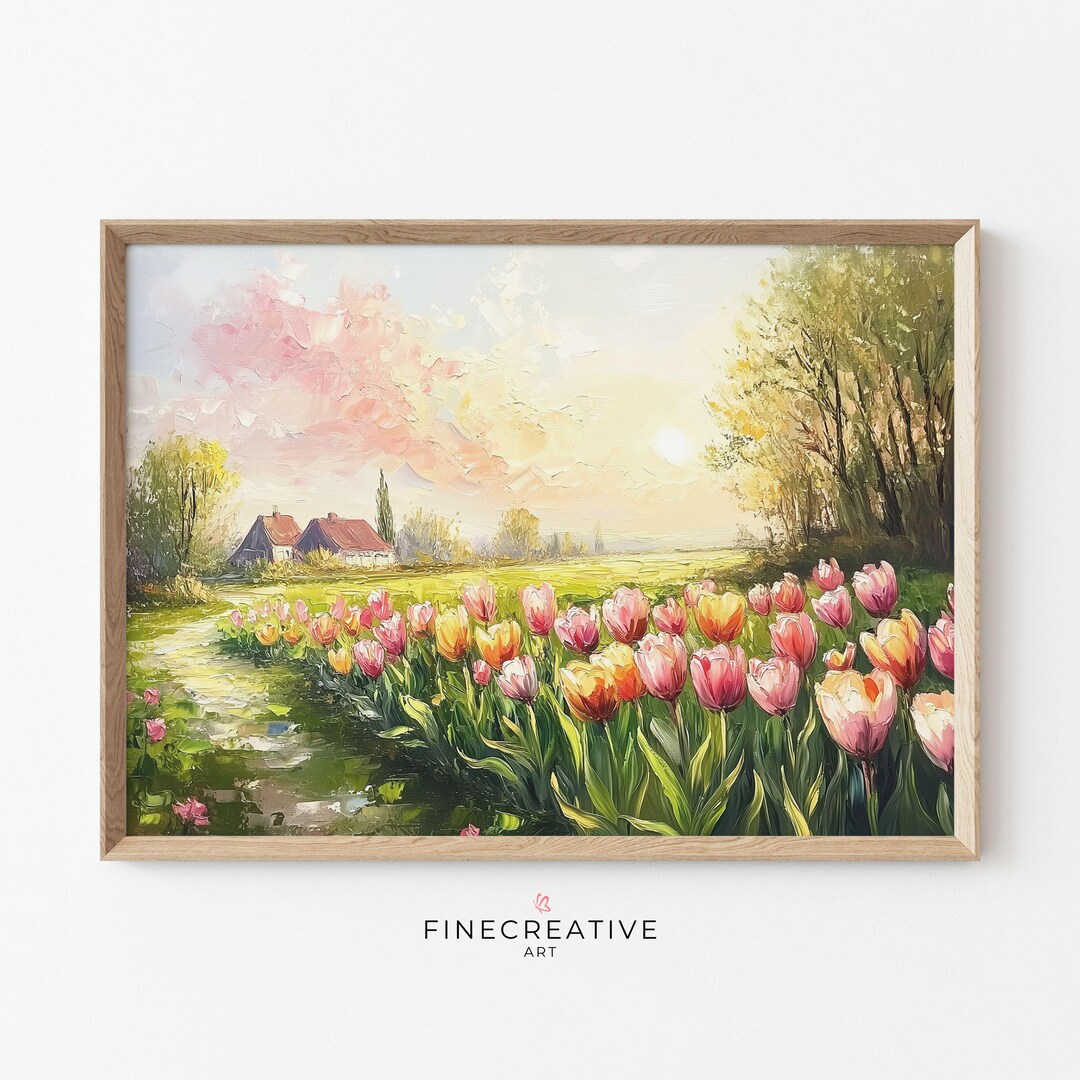 Tulip Field Spring Printable Art, Colorful Cottage Landscape Painting ...