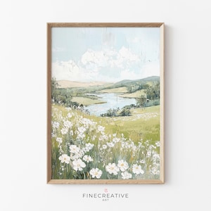 River Meadow Printable Wall Art, White Wildflower Landscape Painting, Pastel Spring Countryside Decor, Rustic Digital Download Art | G58