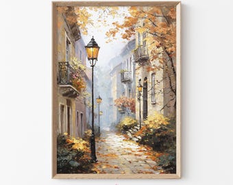 Fall Prints Autumn Street Scene Wall Art, Cozy Autumn Decor with Vintage Lamp and Golden Leaves, Rustic Cottagecore Downloadable Art | C42
