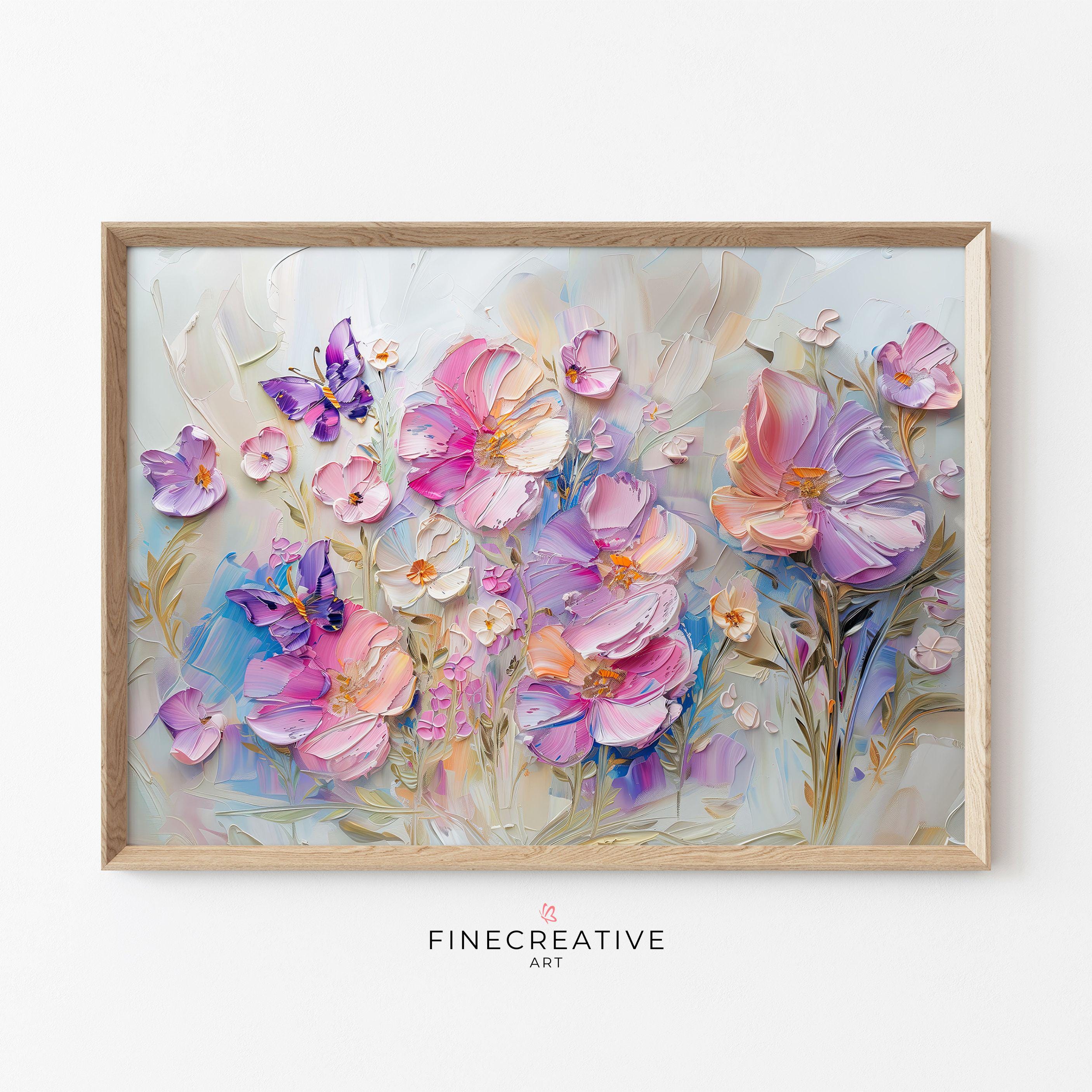 Flower Meadow Printable Wall Art, Textured Pink and Purple Floral Painting with Butterflies, Nursery Wall Decor, Abstract Botanical | E12
