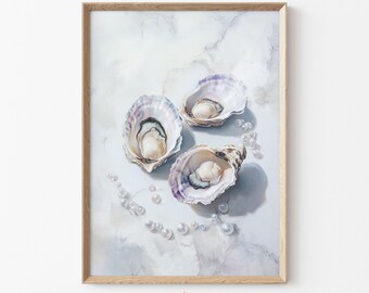 Oyster Shell Art Print Pastel Summer Aesthetic, Modern Coastal Decor, Seashell Kitchen Artwork, Summer Ocean Downloadable Wall Art | K46
