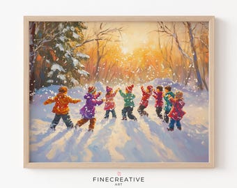 Snowball Fight Winter Print | Snowy Landscape Wall Decor, Kids Christmas Art, Instant Download | D82