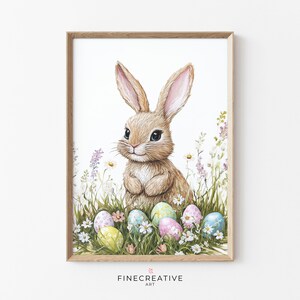 Easter Bunny Printable Wall Art, Minimalist Rabbit Painting with Pastel Eggs, Modern Spring Animal Decor, Cottagecore Easter Download | G48